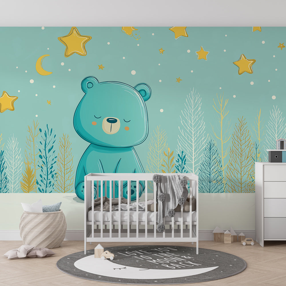 Blue bear starry night wallpaper creating dreamy atmosphere in children's bedroom