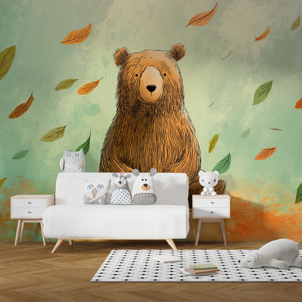 Cute bear wallpaper with falling leaves decorating modern children's bedroom interior