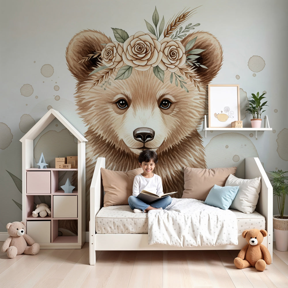 Bear mural wallpaper with floral crown creating cozy nursery atmosphere by Kids-Mundo