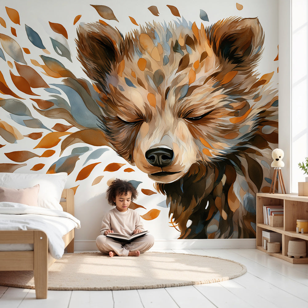 Bear and autumn leaves mural wallpaper in cozy children's nursery by Kids-Mundo