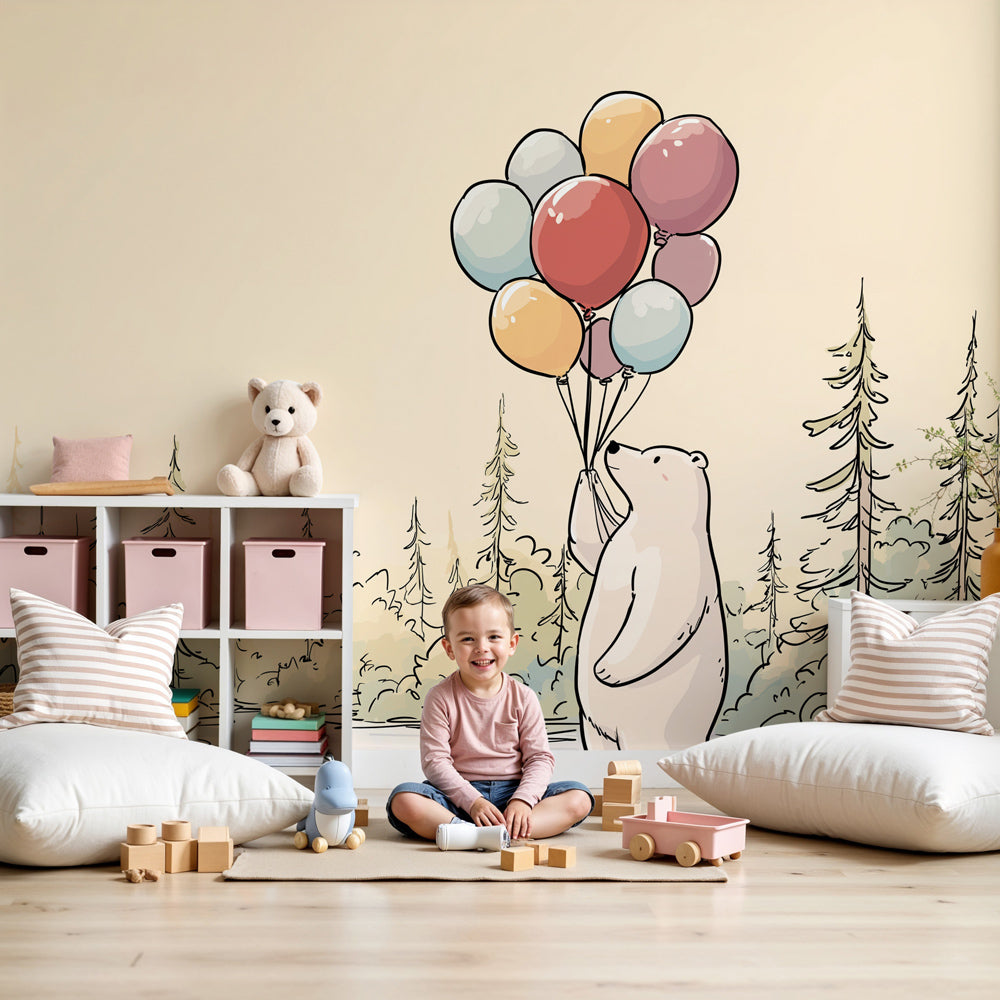 Bear mural wallpaper with colorful balloons decorating modern nursery by Kids-Mundo