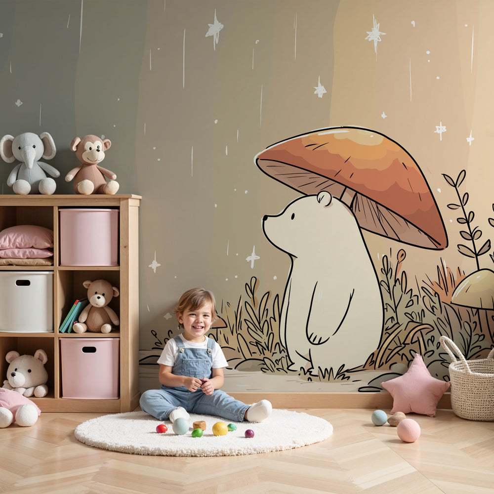Bear mural wallpaper with mushroom umbrella creating magical nursery decor by Kids-Mundo