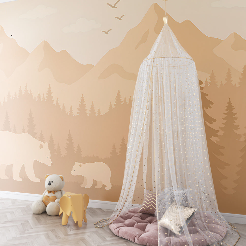 Peaceful forest bear wallpaper creating calming children's bedroom atmosphere