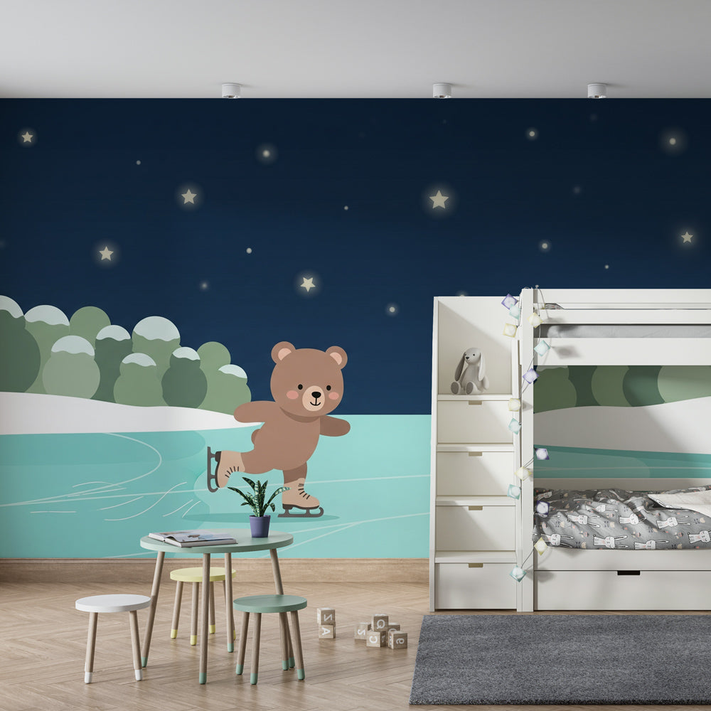 Winter wonderland bear wallpaper creating magical children's bedroom atmosphere