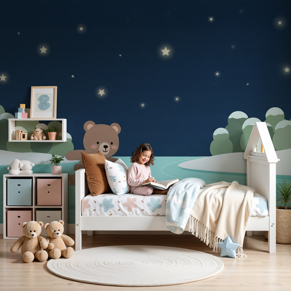 Bear skating winter mural wallpaper in cozy nursery setting by Kids-Mundo