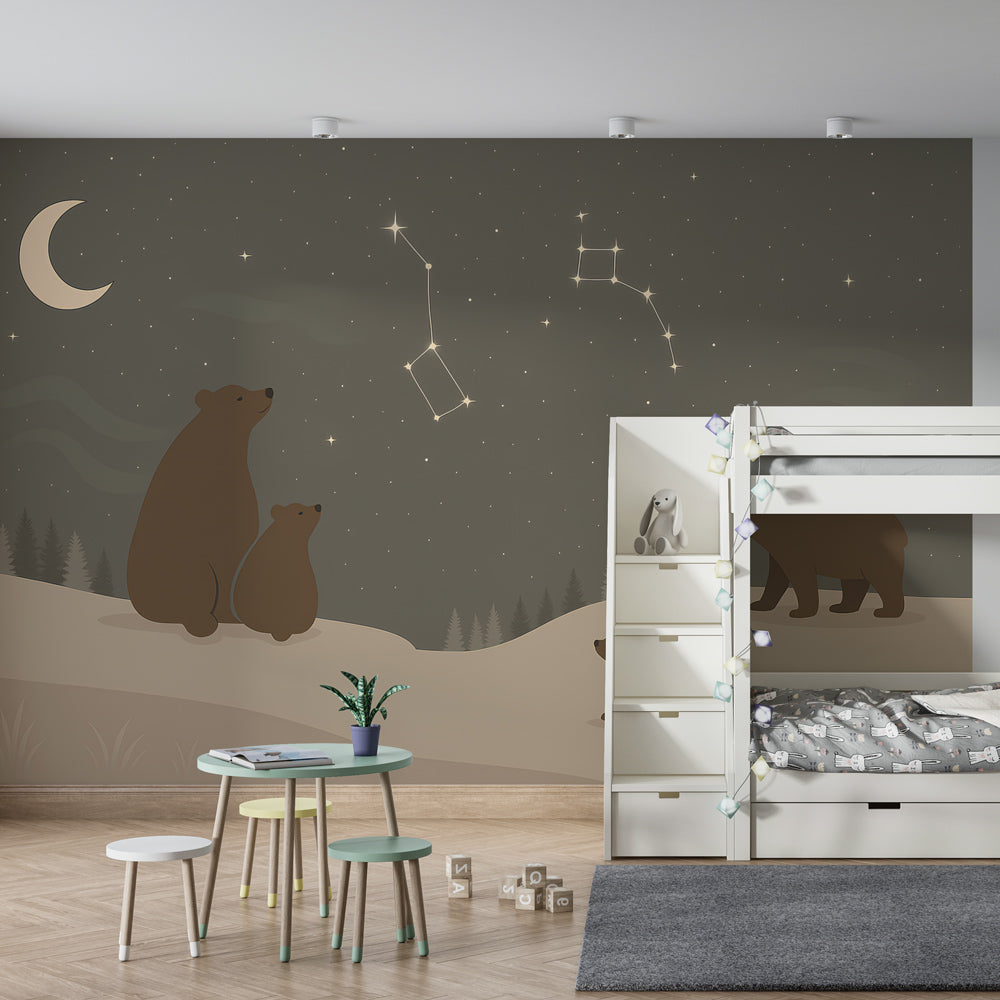 Night sky bear wallpaper in modern kids bedroom with natural wood furniture and soft lighting