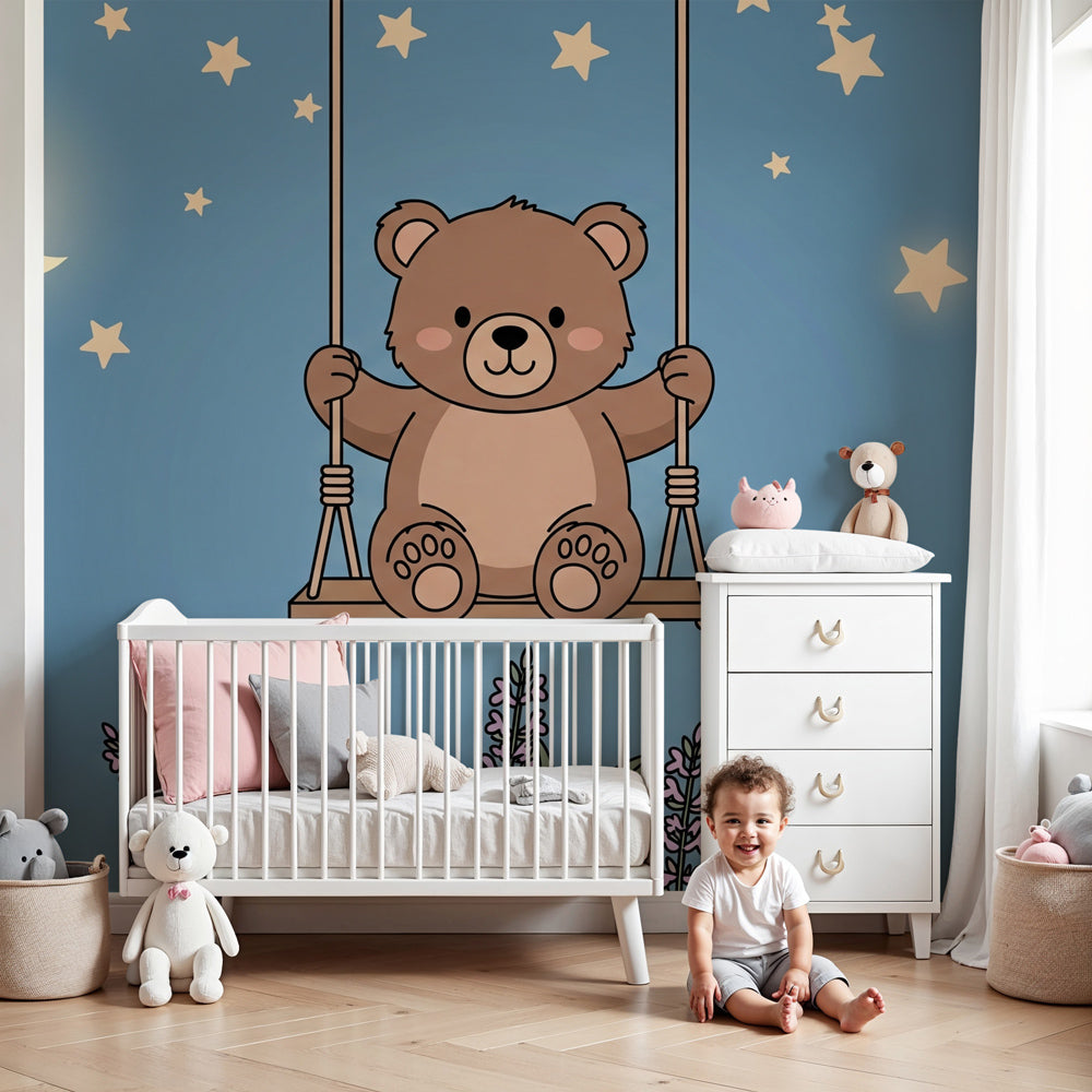 Bear swing starry night mural wallpaper in modern baby nursery by Kids-Mundo