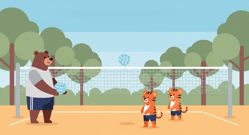 Kids-Mundo flat artwork of a bear serving a volleyball to two tiger cubs in a sunny park