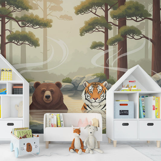 Kids-Mundo forest animal wall mural covering a feature wall in a child's bedroom