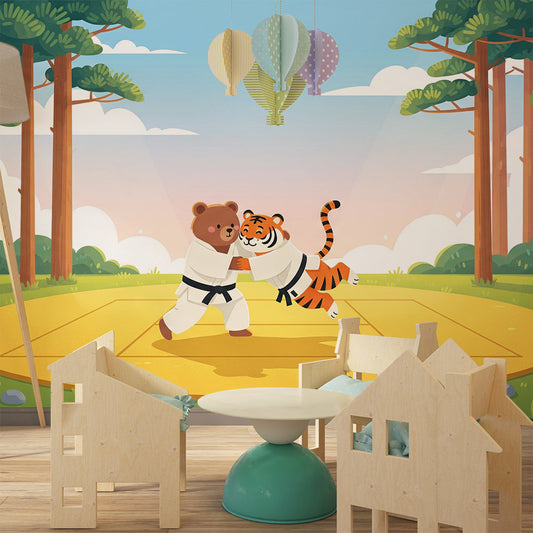 Kids-Mundo karate wall mural with bear and tiger bringing energy to a child's bedroom