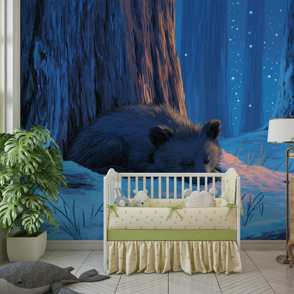 Winter forest bear wallpaper creating cozy atmosphere in children's bedroom with blue tones