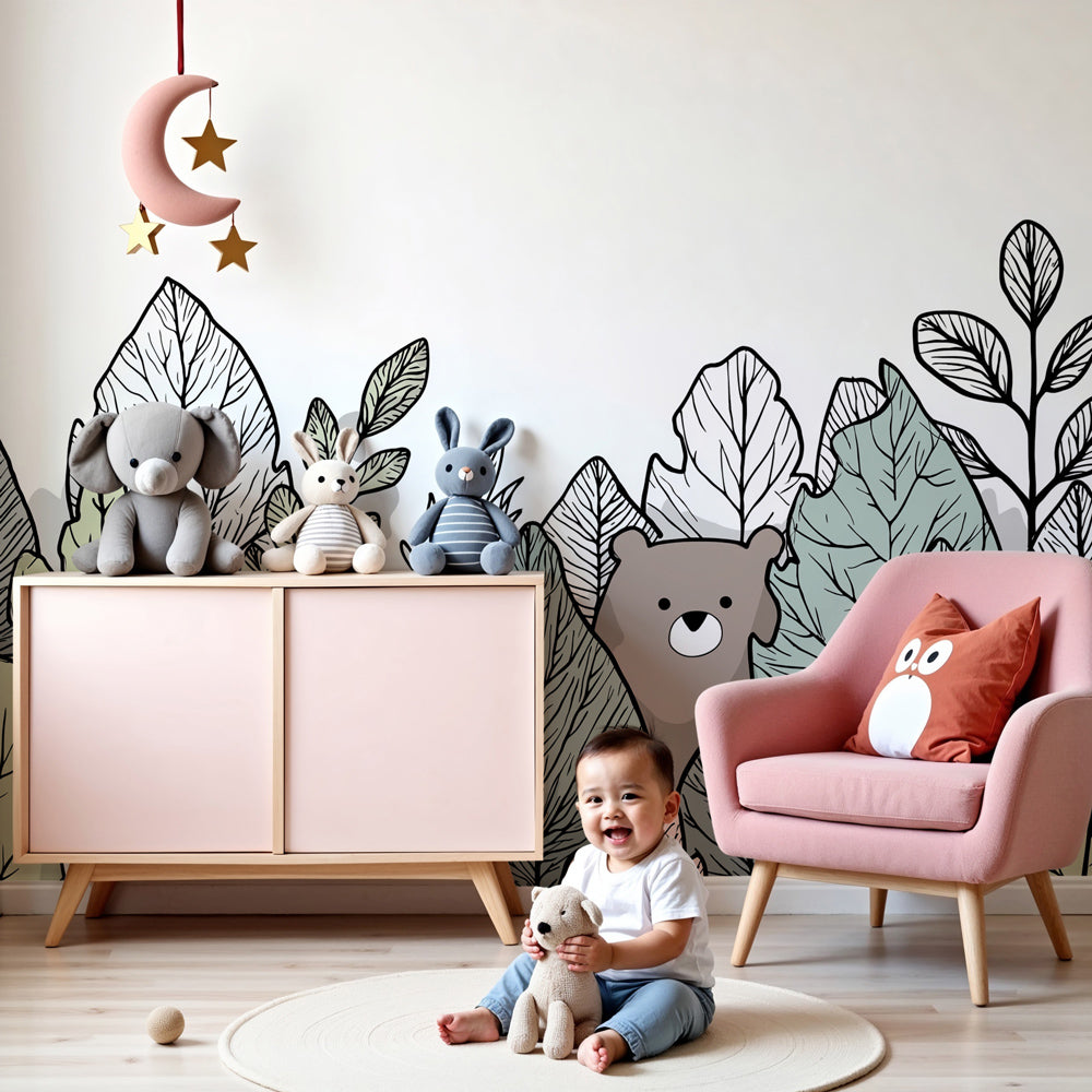 Bears mural wallpaper creating magical woodland nursery with soft botanical colors by Kids-Mundo