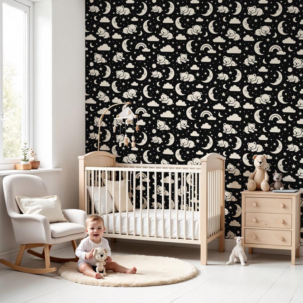 Bears and stars mural wallpaper creating dreamy night sky atmosphere in modern nursery by Kids-Mundo