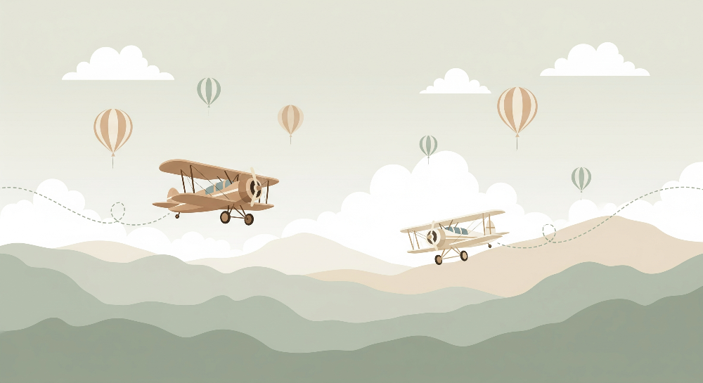 Flat artwork of the Kids-Mundo biplane flight trail and hot air balloon wall mural design