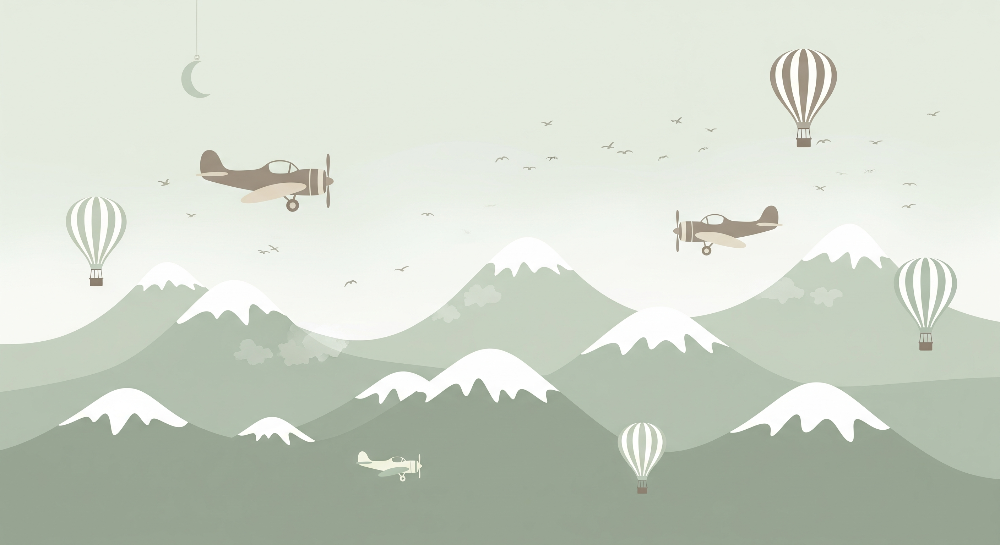Biplanes and Balloons Over Snowy Mountains Wall Mural