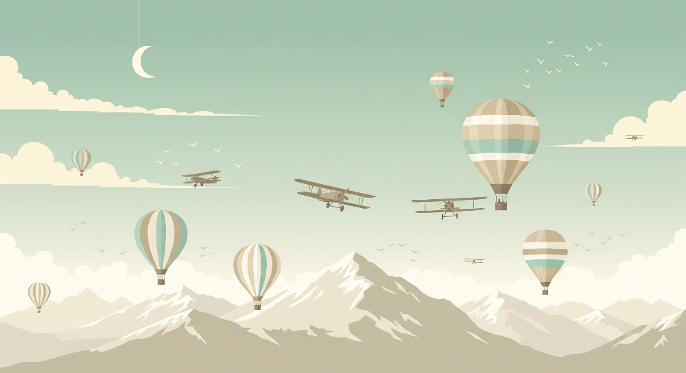 Kids-Mundo flat artwork of the biplane squadron and hot air balloon wall mural