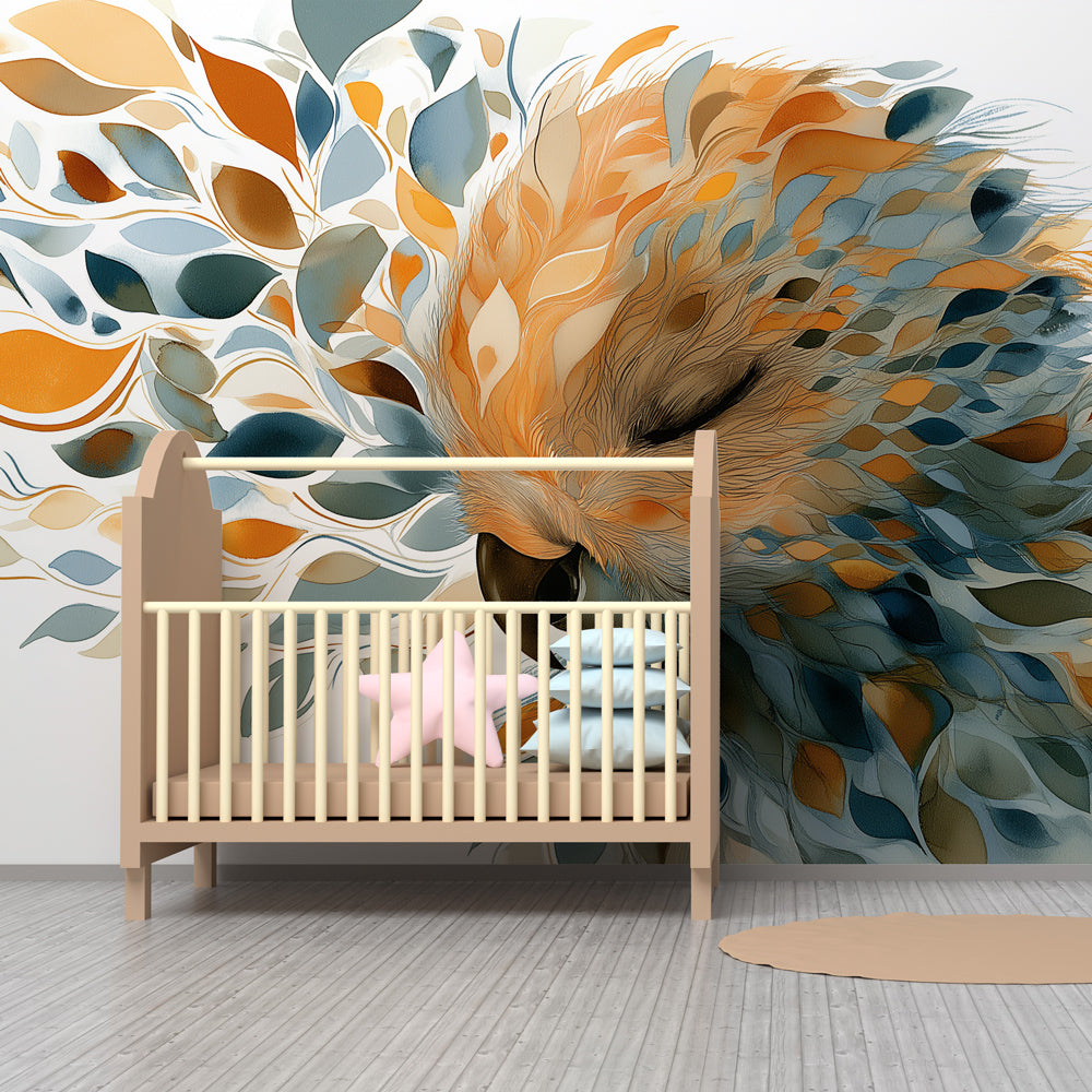 Bird and leaves wallpaper in modern children's bedroom with natural wood furniture by Kids-Mundo