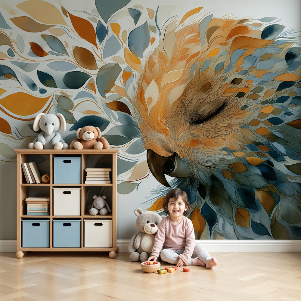 Peaceful bird mural wallpaper creating serene nursery decor with colorful foliage by Kids-Mundo