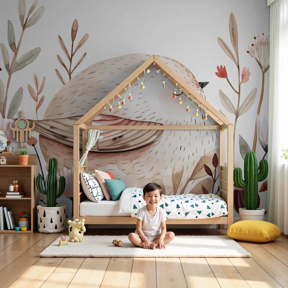 Dreamy bird mural wallpaper with pastel flowers in elegant nursery setting by Kids-Mundo