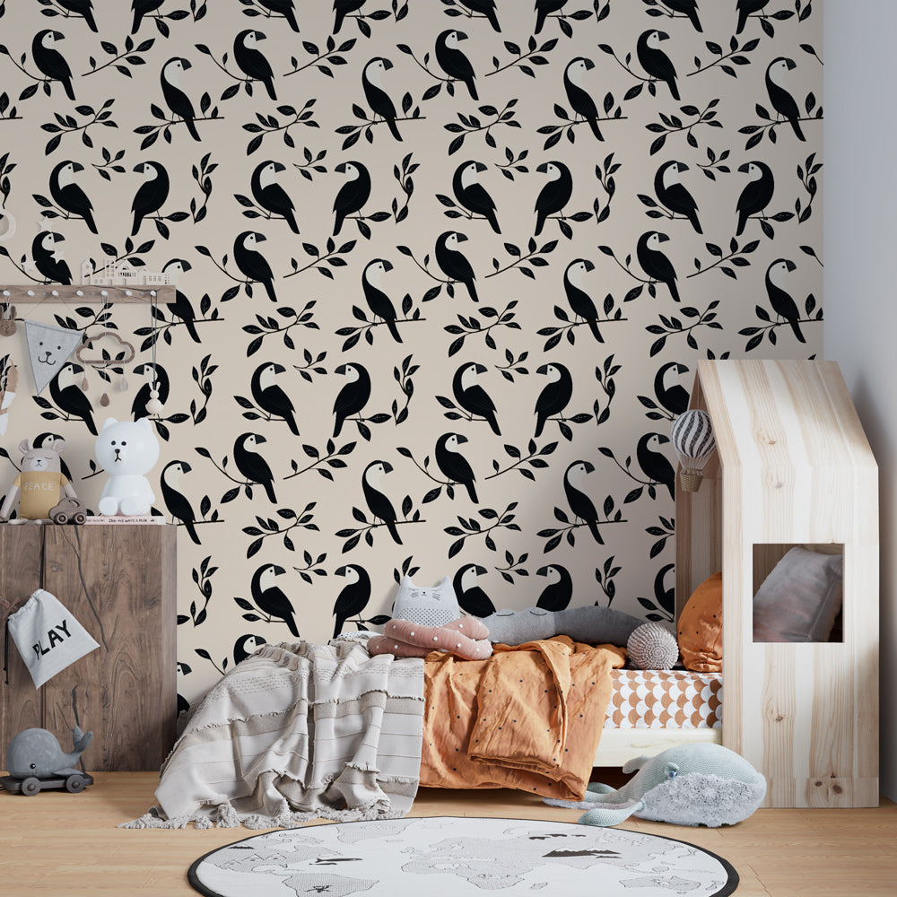 Stylized bird mural wallpaper transforming children's bedroom with nature-inspired beige design by Kids-Mundo