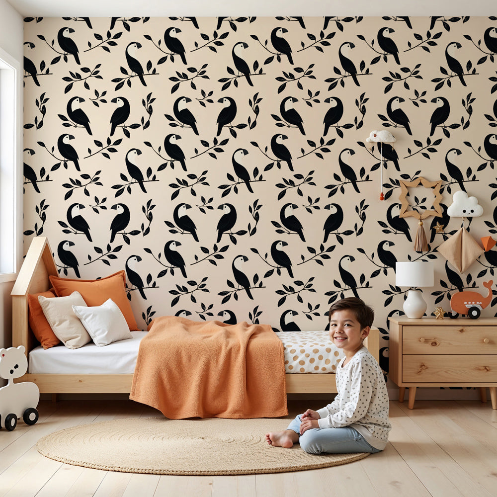 Bird pattern mural wallpaper creating serene nursery decor with stylized birds on beige background by Kids-Mundo
