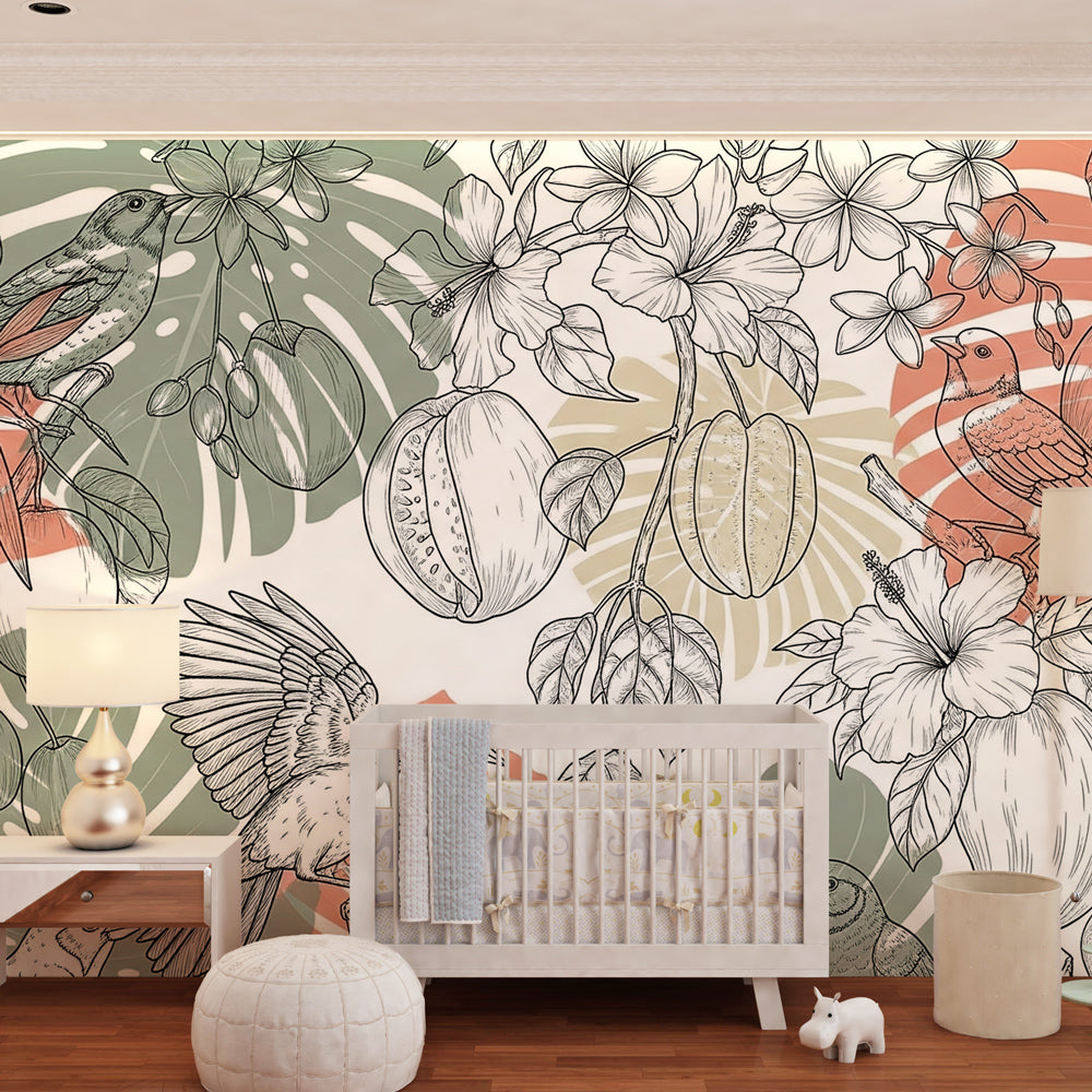Colorful birds botanical wallpaper in modern children's bedroom interior design