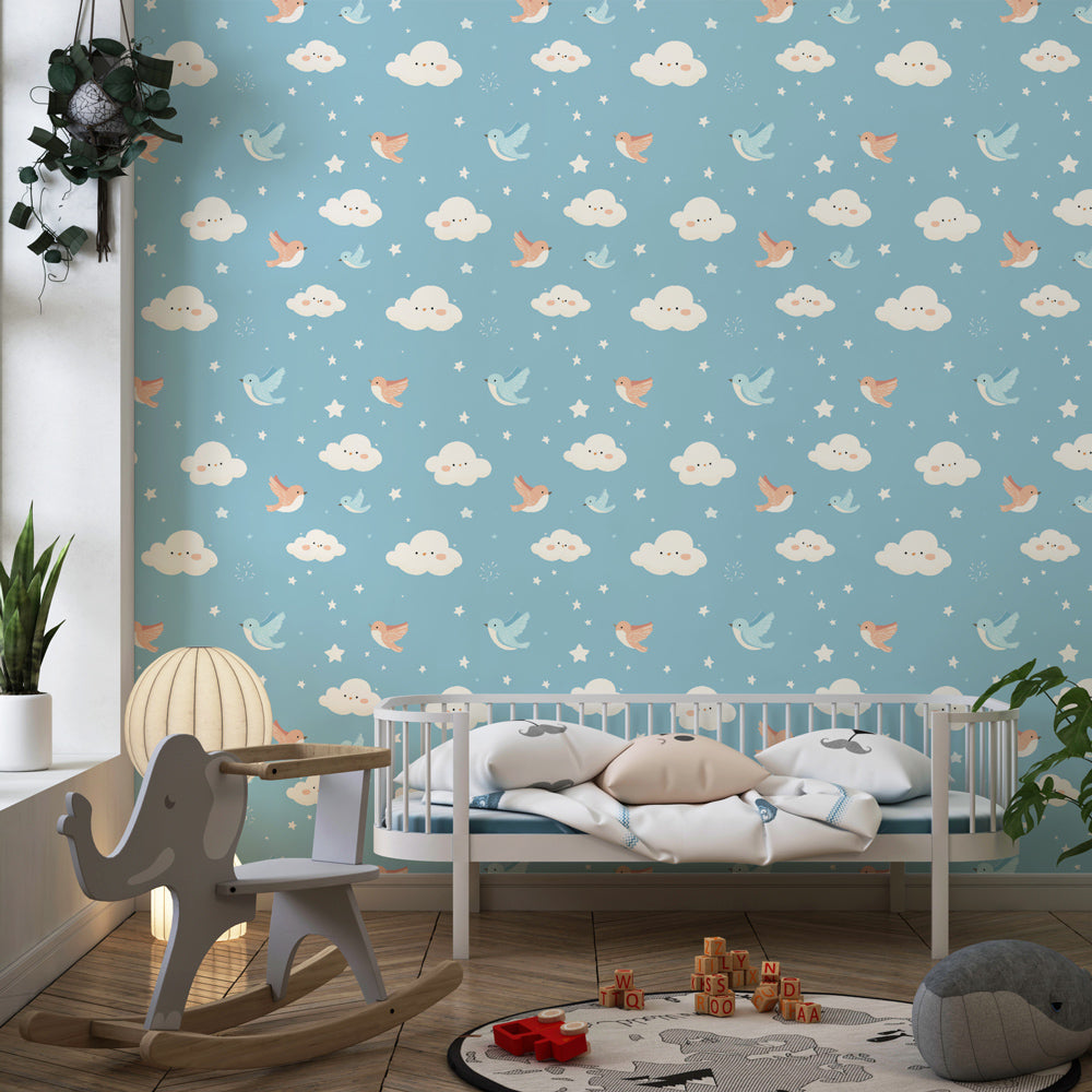 Joyful birds and soft clouds wallpaper transforming children's bedroom into peaceful sanctuary