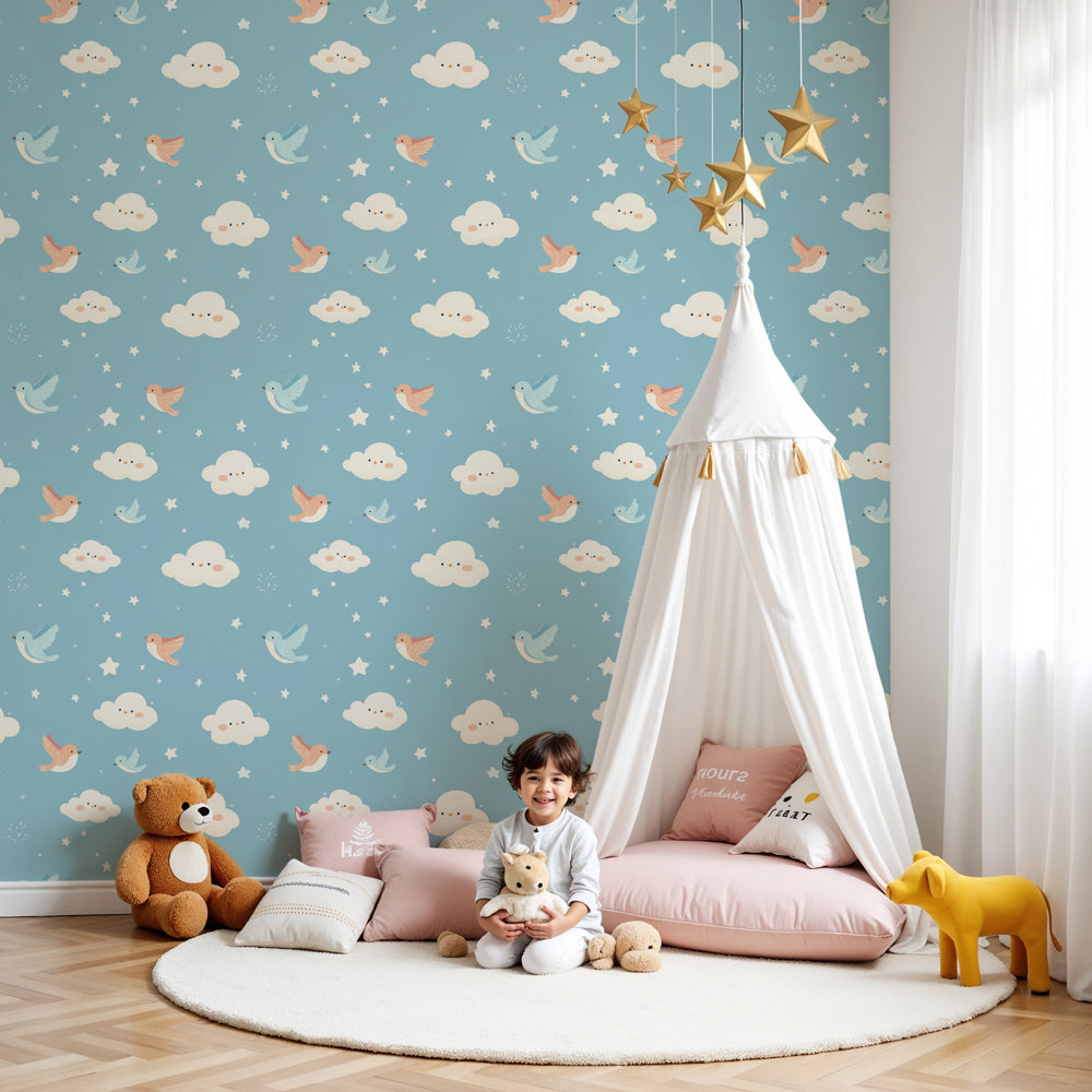 Birds and clouds mural wallpaper creating serene blue sky atmosphere in modern nursery by Kids-Mundo