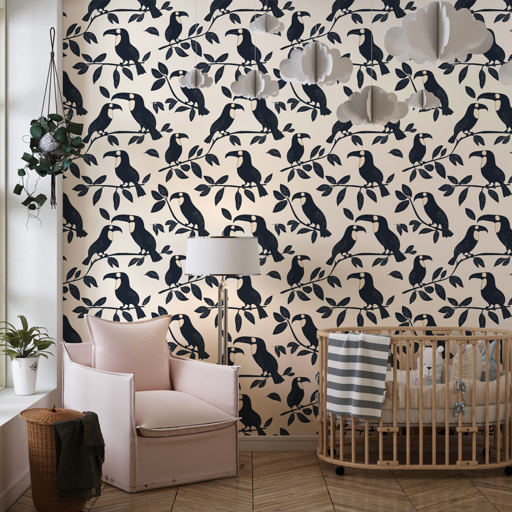 Exotic bird wallpaper transforming children's bedroom with leafy branch design and natural wood furniture