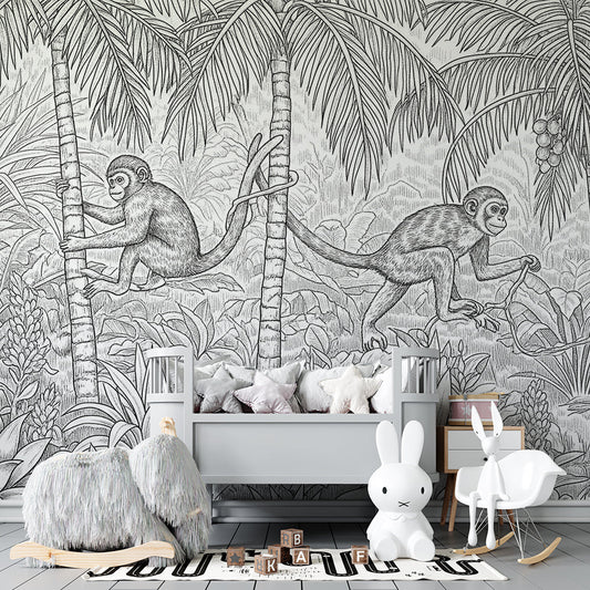 Kids-Mundo monochrome jungle monkey wall mural covering a kids bedroom wall