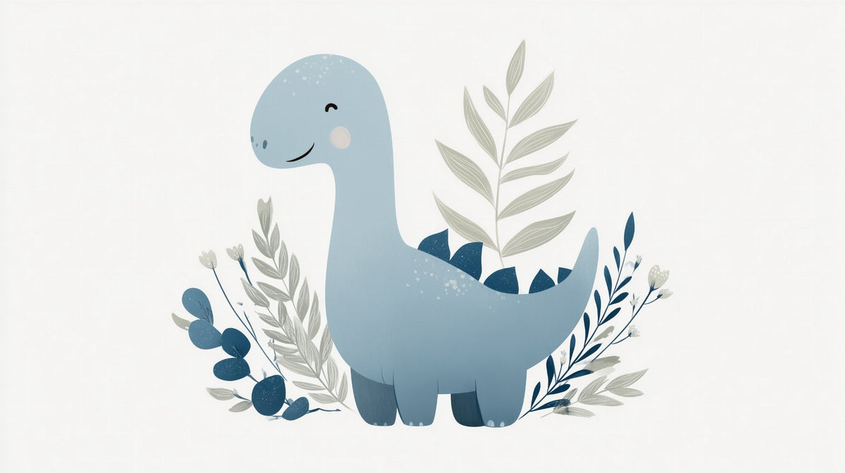 Blue Baby Dinosaur and Pastel Leaves Wall Mural