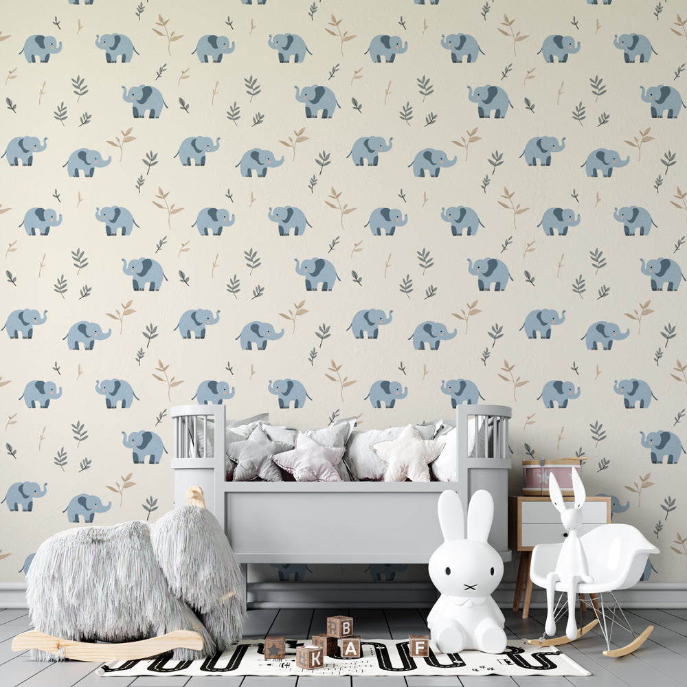 Safari elephant wallpaper creating peaceful children's bedroom decor with botanical elements