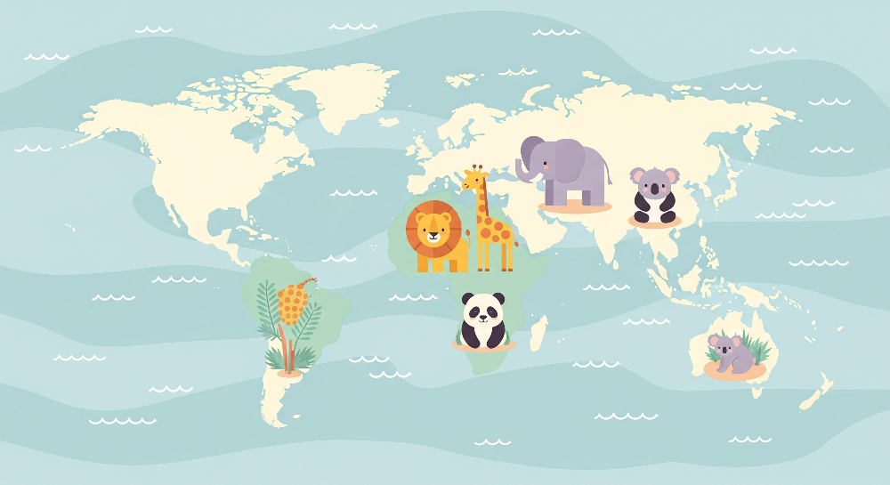 Kids-Mundo flat artwork of a blue wave-patterned world map with lion, giraffe, panda and koala