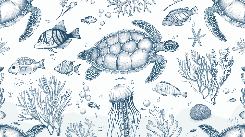 Kids-Mundo flat artwork of the blue sketch turtle and coral wall mural design