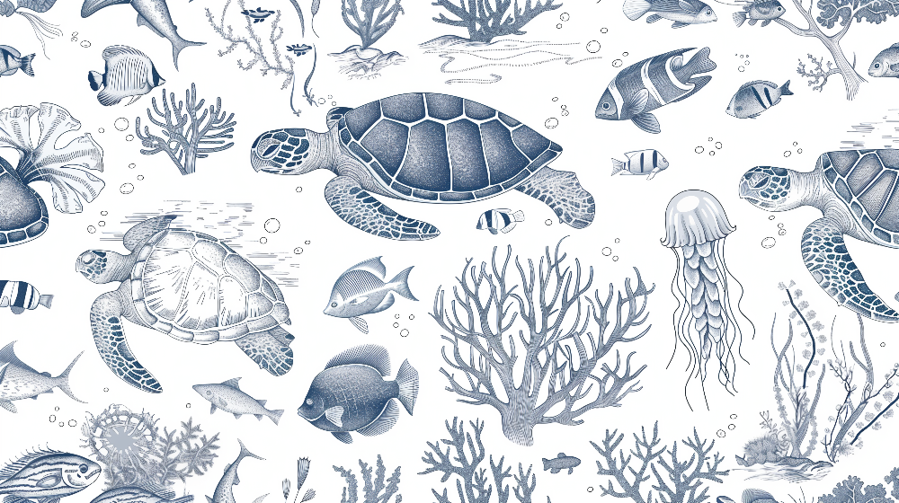 Kids-Mundo flat artwork of hand-sketched sea turtles, fish and coral in indigo linework