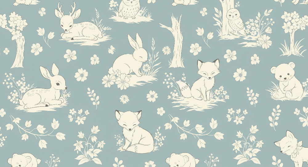 Blue Toile Woodland Animals Pattern Wall Mural