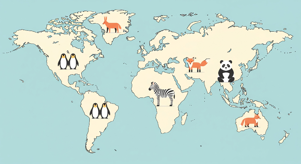 Kids-Mundo flat artwork of a sky-blue world map with penguins, a zebra, a fox, a panda and a deer