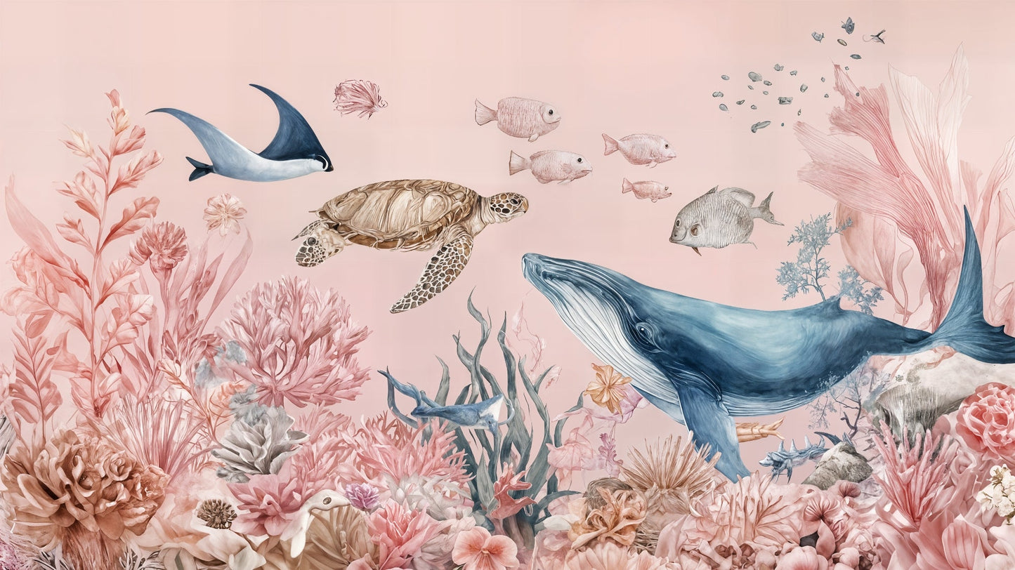 Flat artwork of the Kids-Mundo blush-pink ocean reef wall mural with turtle and whale