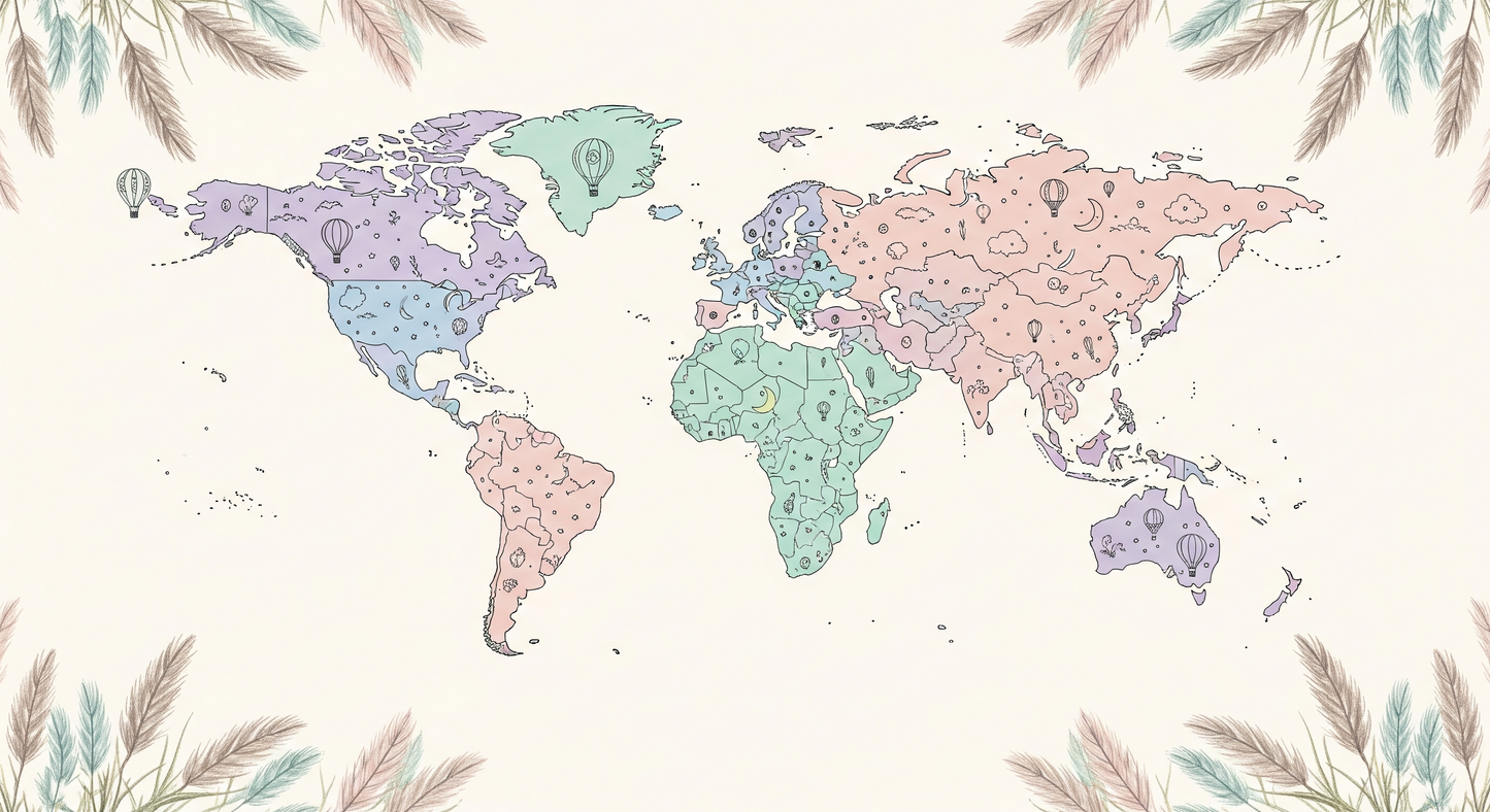 Kids-Mundo boho world map wall mural artwork, minimalist line-art continents in pastel lavender, sage and pink.