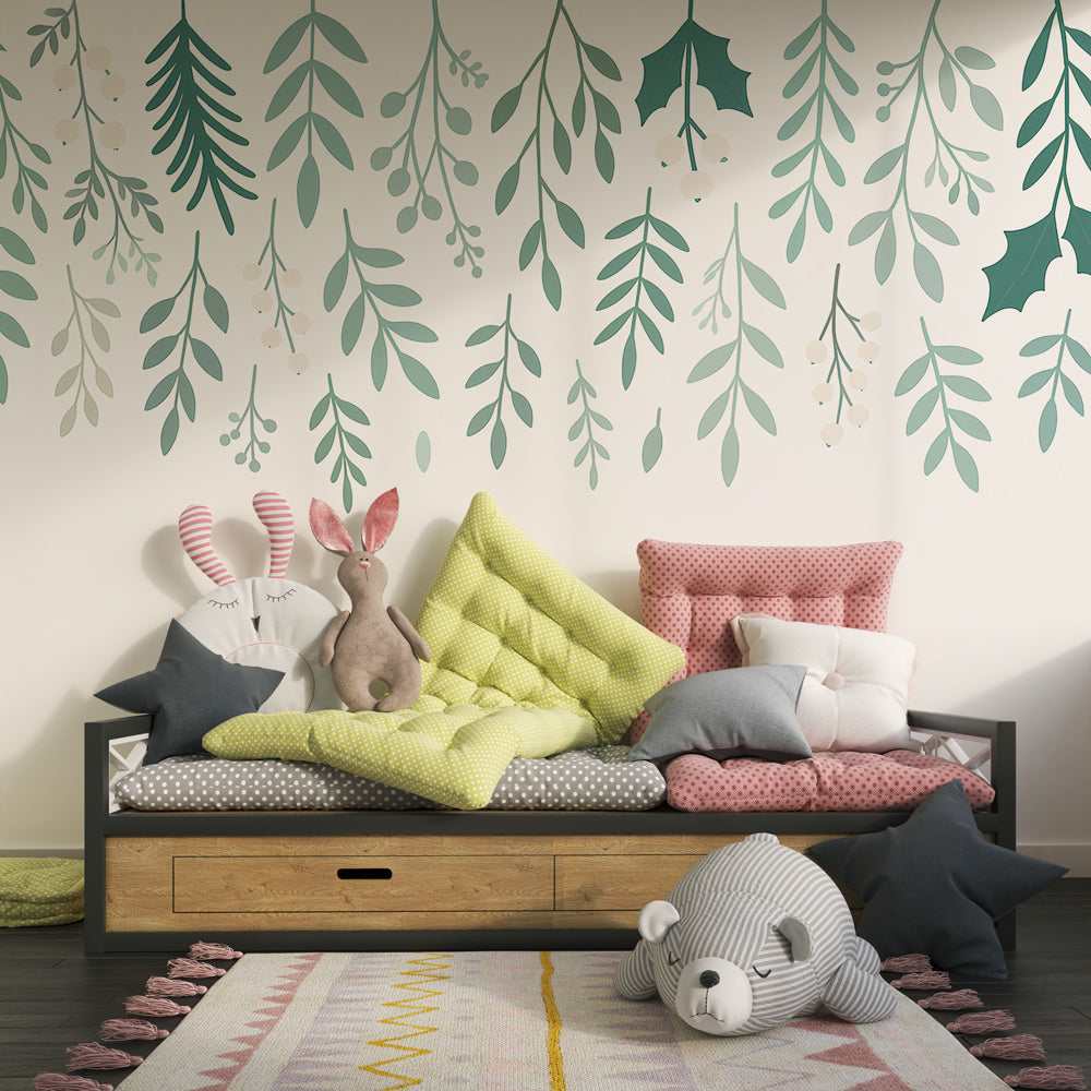 Delicate green leaves wallpaper transforming modern kids bedroom into peaceful nature sanctuary