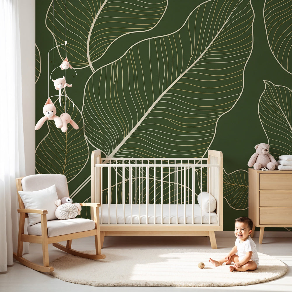 Botanical leaves mural wallpaper with green background in modern nursery by Kids-Mundo