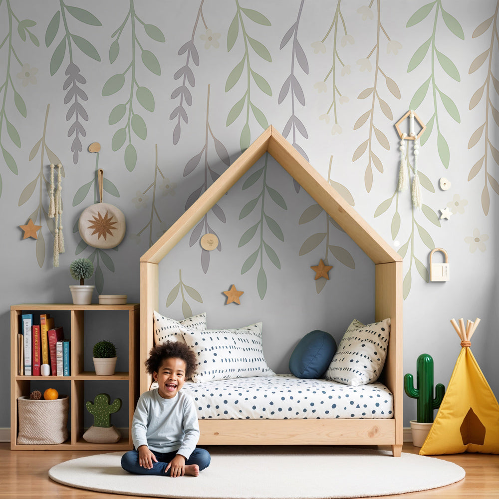 Botanical leaves and flowers mural wallpaper in serene nursery setting by Kids-Mundo