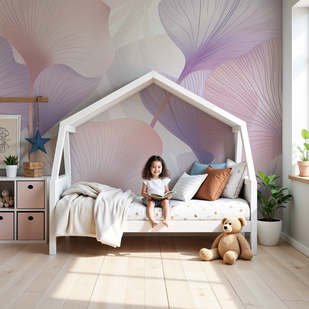 Botanical mural wallpaper with pastel leaves creating serene nursery atmosphere by Kids-Mundo