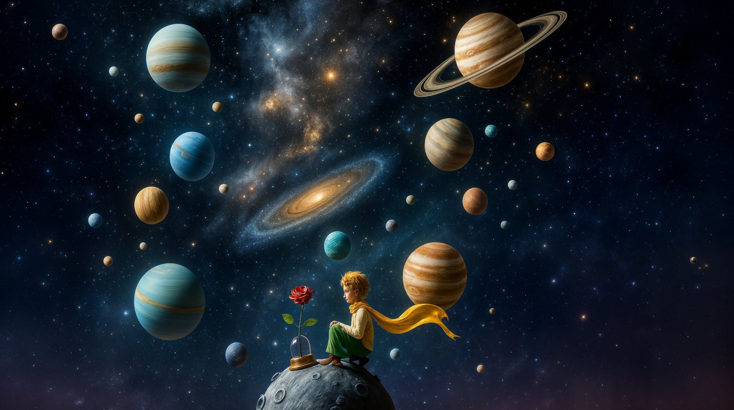 Kids-Mundo flat artwork of a boy on the moon surrounded by planets and a galaxy