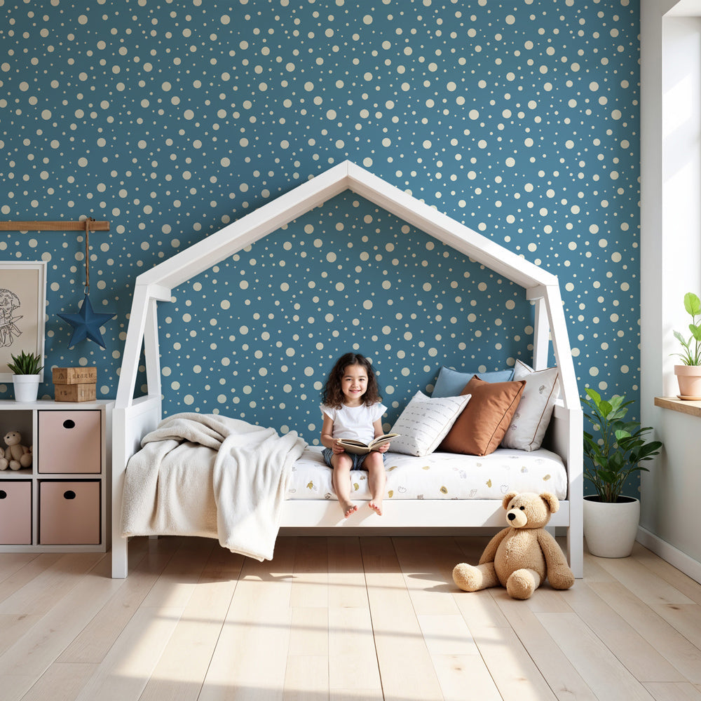 White bubble mural wallpaper on blue background in modern nursery room by Kids-Mundo