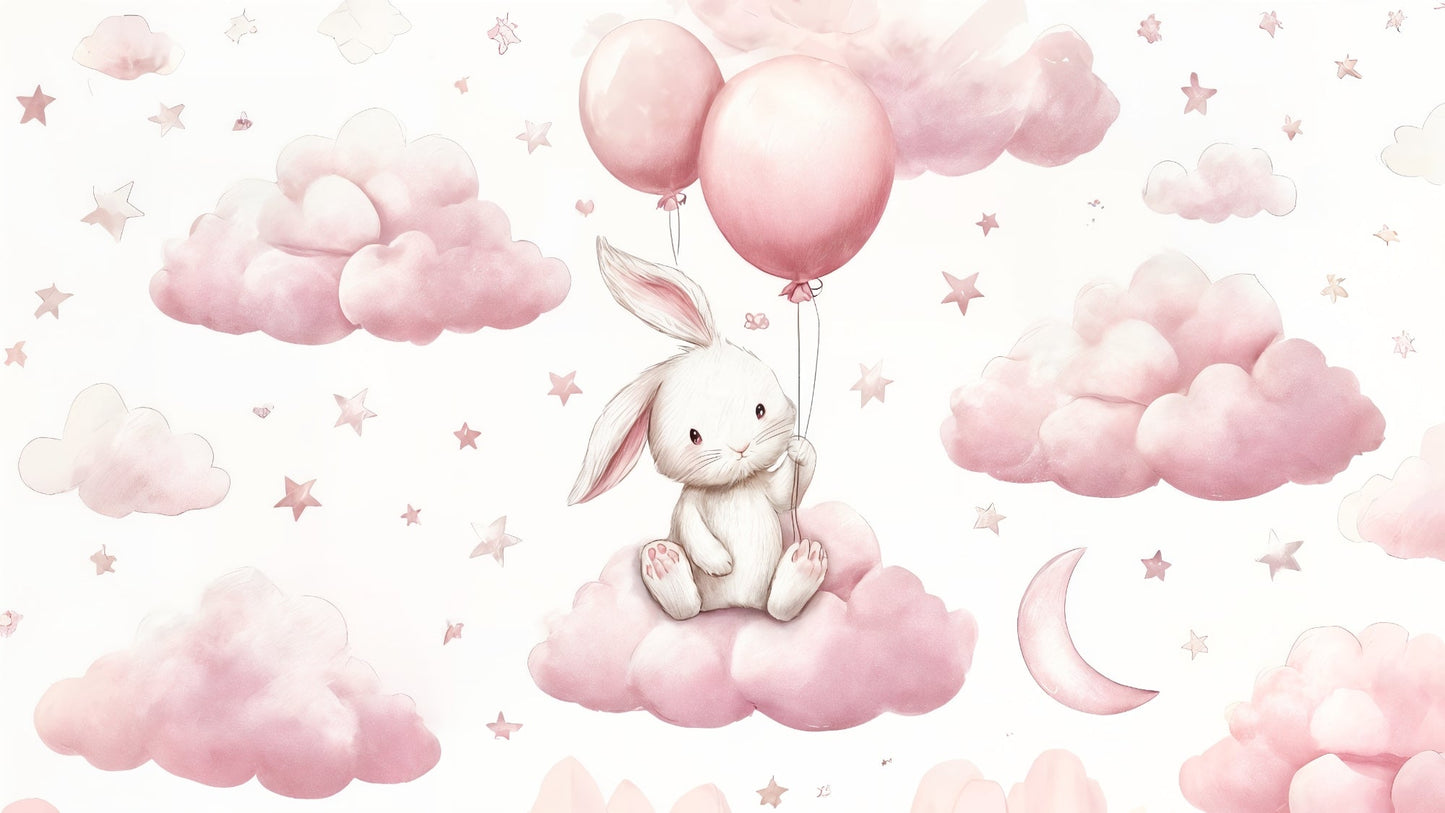 Kids-Mundo flat artwork of the bunny with balloons on pink clouds wall mural