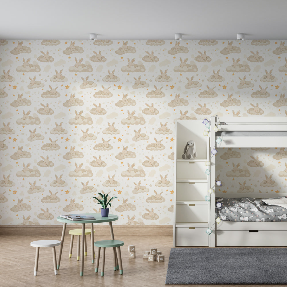 Dreamy bunny wallpaper creating serene atmosphere in children's bedroom with golden stars