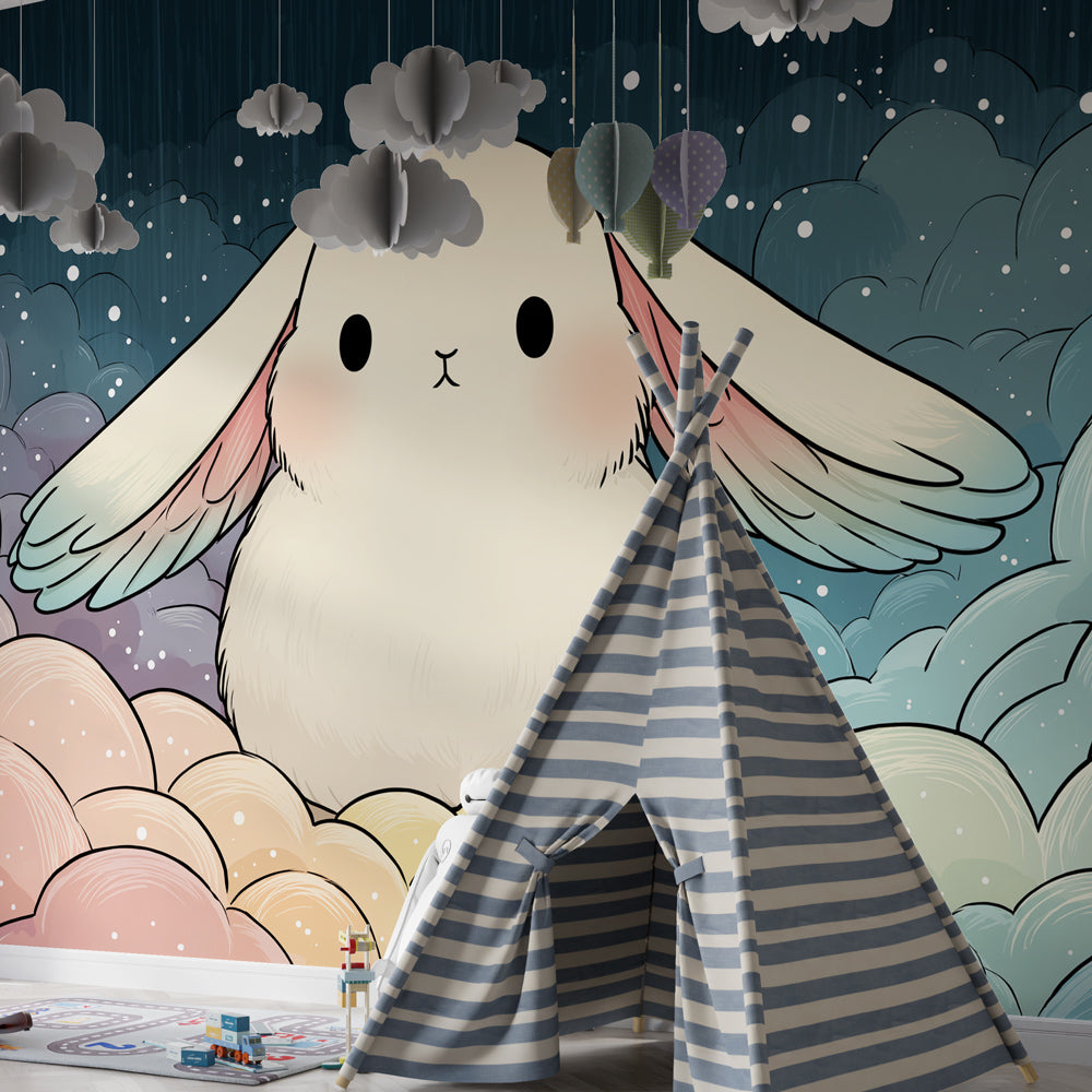 Pastel bunny wallpaper creating dreamy atmosphere in baby's bedroom with white furniture