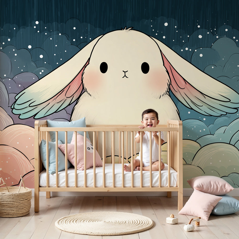 Bunny clouds mural wallpaper in modern nursery with soft pastel decor by Kids-Mundo
