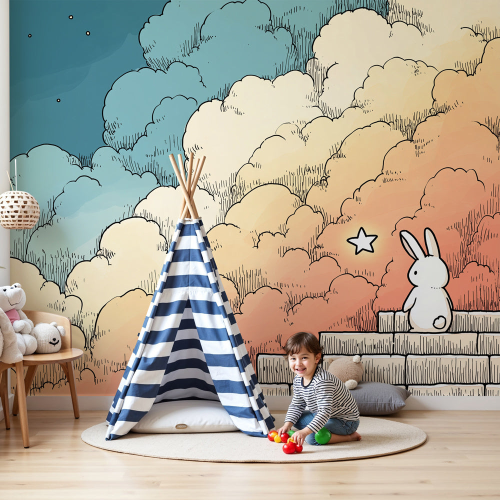 Bunny dreams mural wallpaper creating peaceful nursery atmosphere with contemplative rabbit design by Kids-Mundo